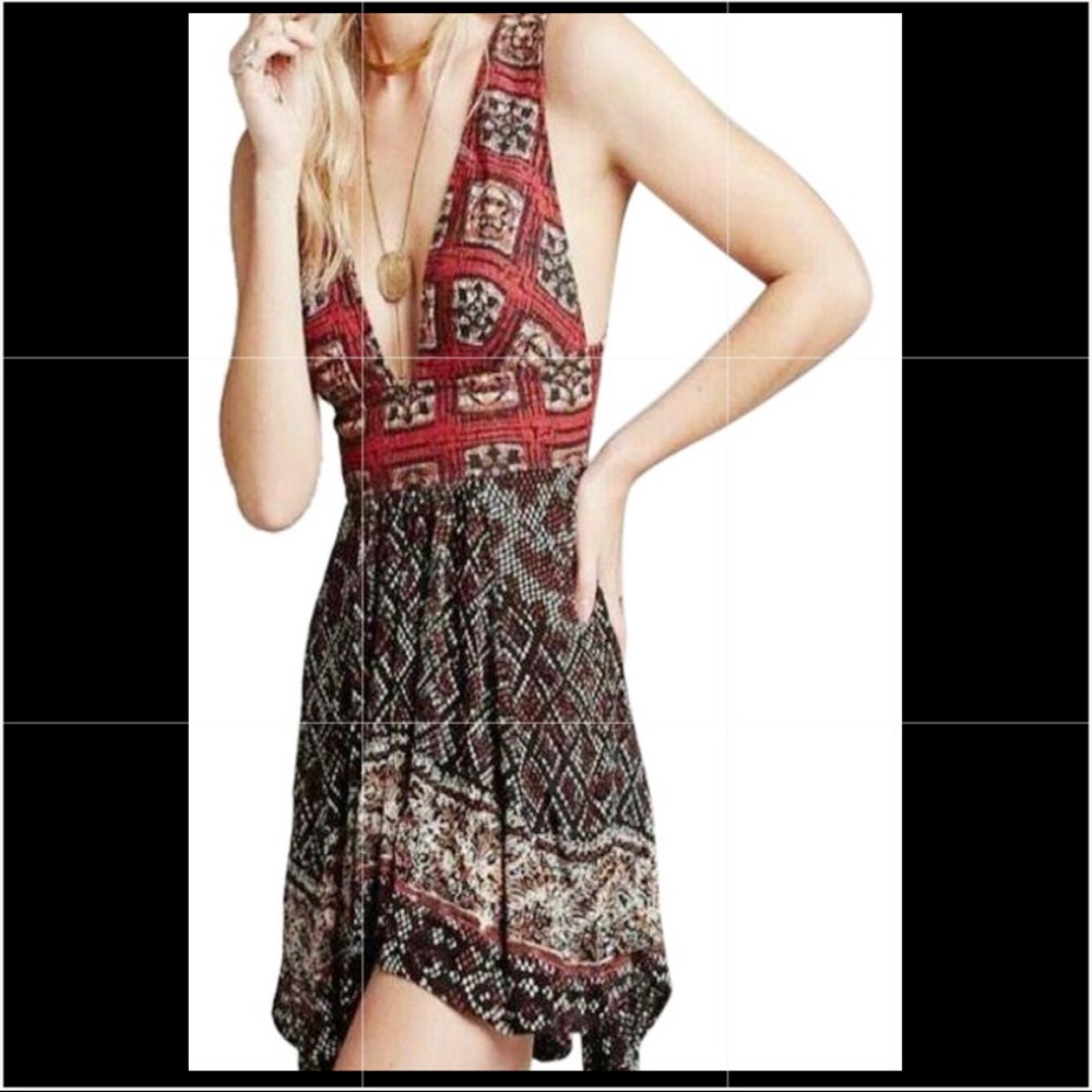 Free People Dress Red Black Lace Up Mini Sz M